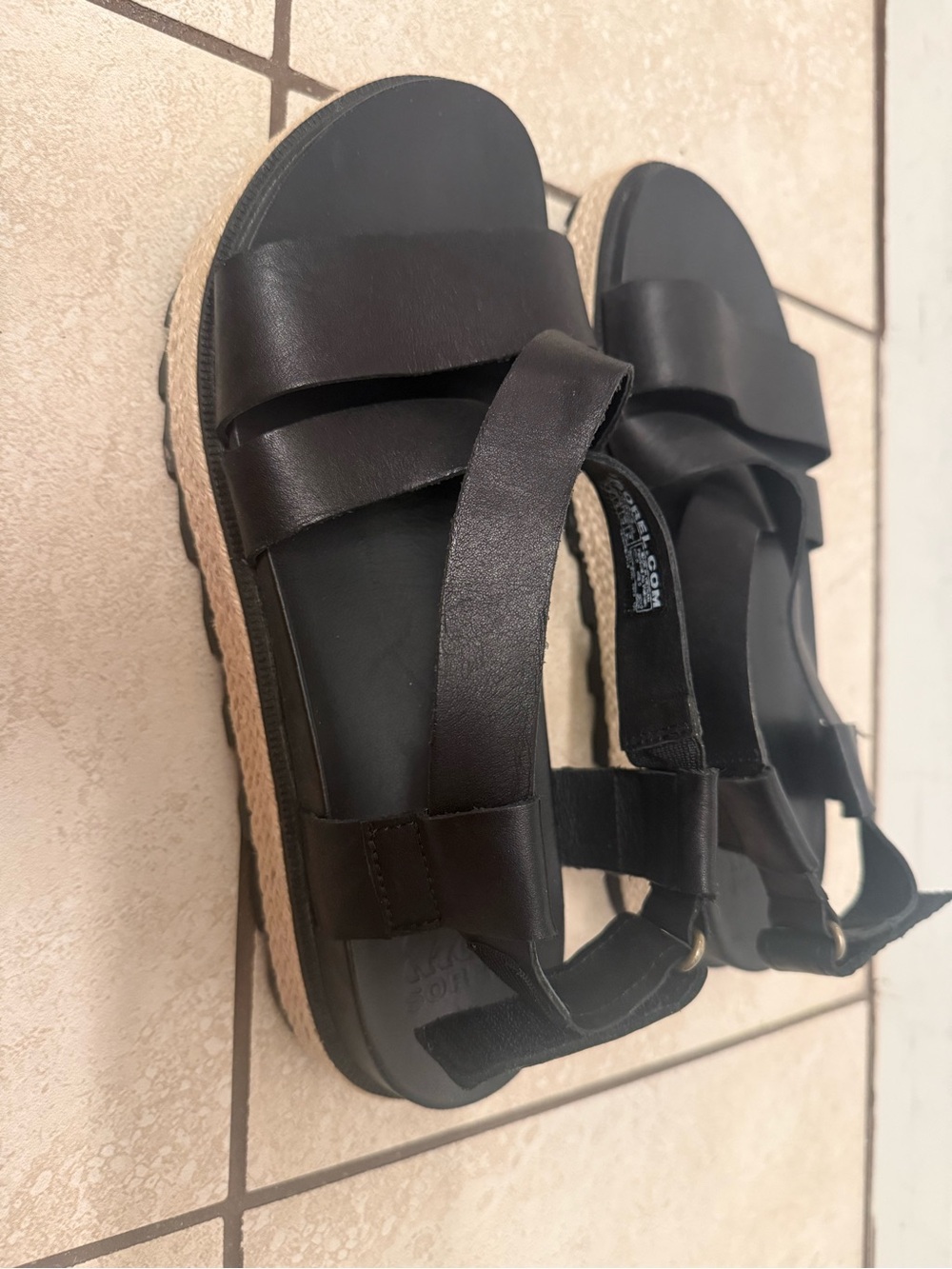 Sorel Black Leather Espadrille Platform Sandals